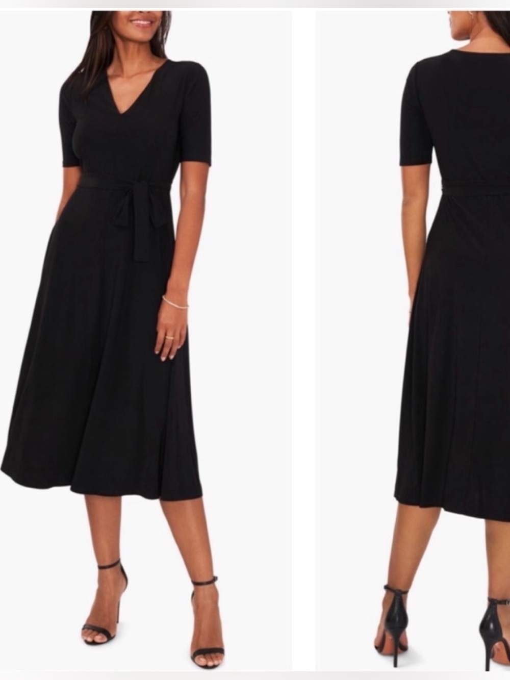 Stretch v-neck tie belt flare midi dress L
